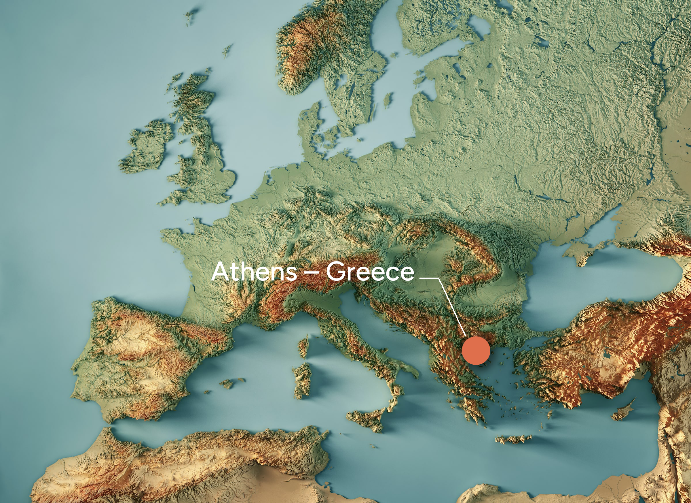 Topography map of Europe highlighting Athens, Greece