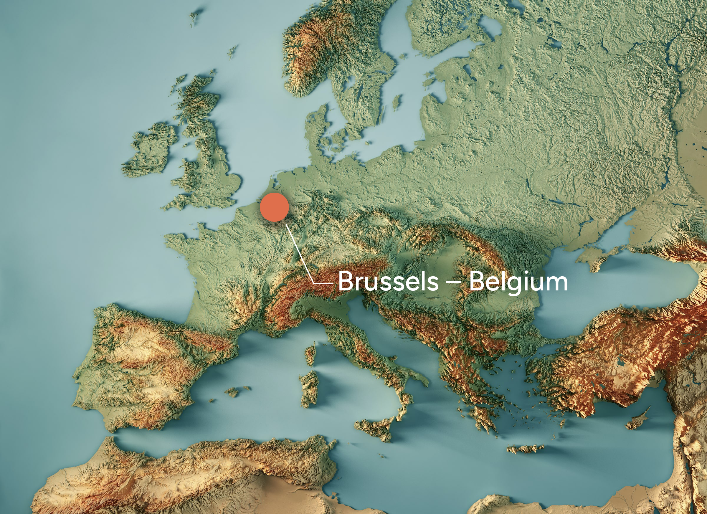 Topography map of Europe highlighting Brussels, Belgium