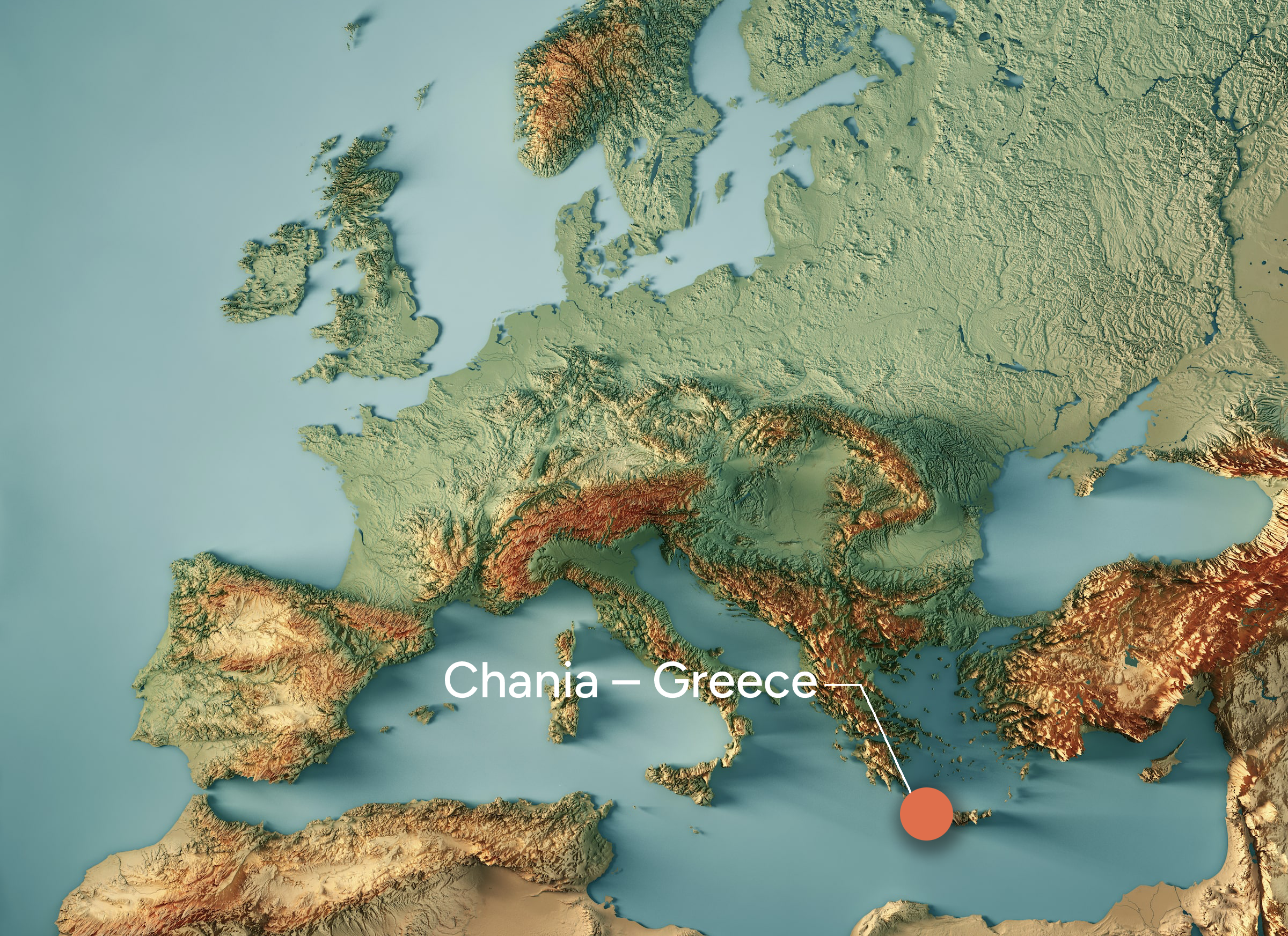 Topography map of Europe highlighting Chania, Greece