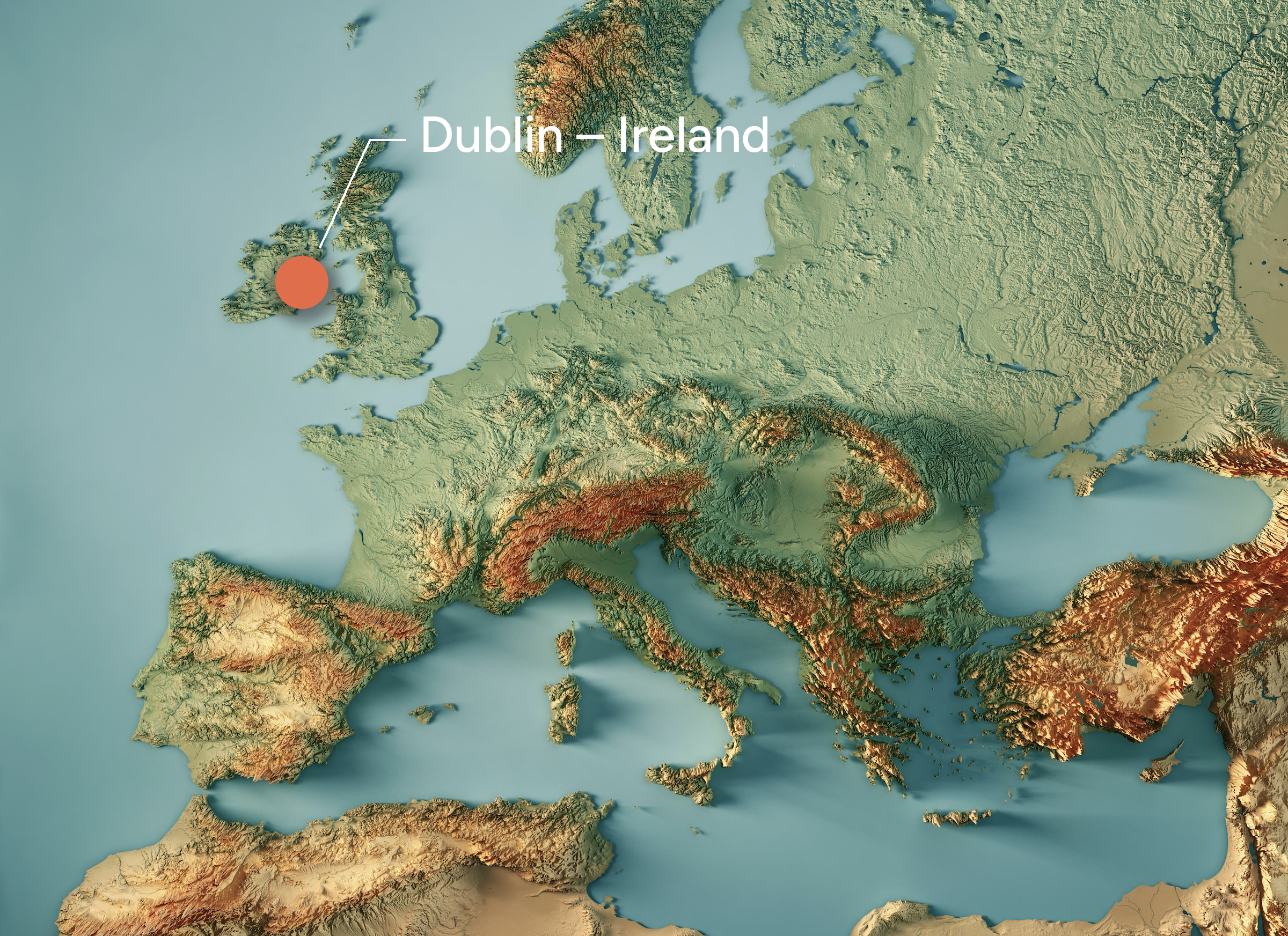 Topography map of Europe highlighting Dublin, Ireland