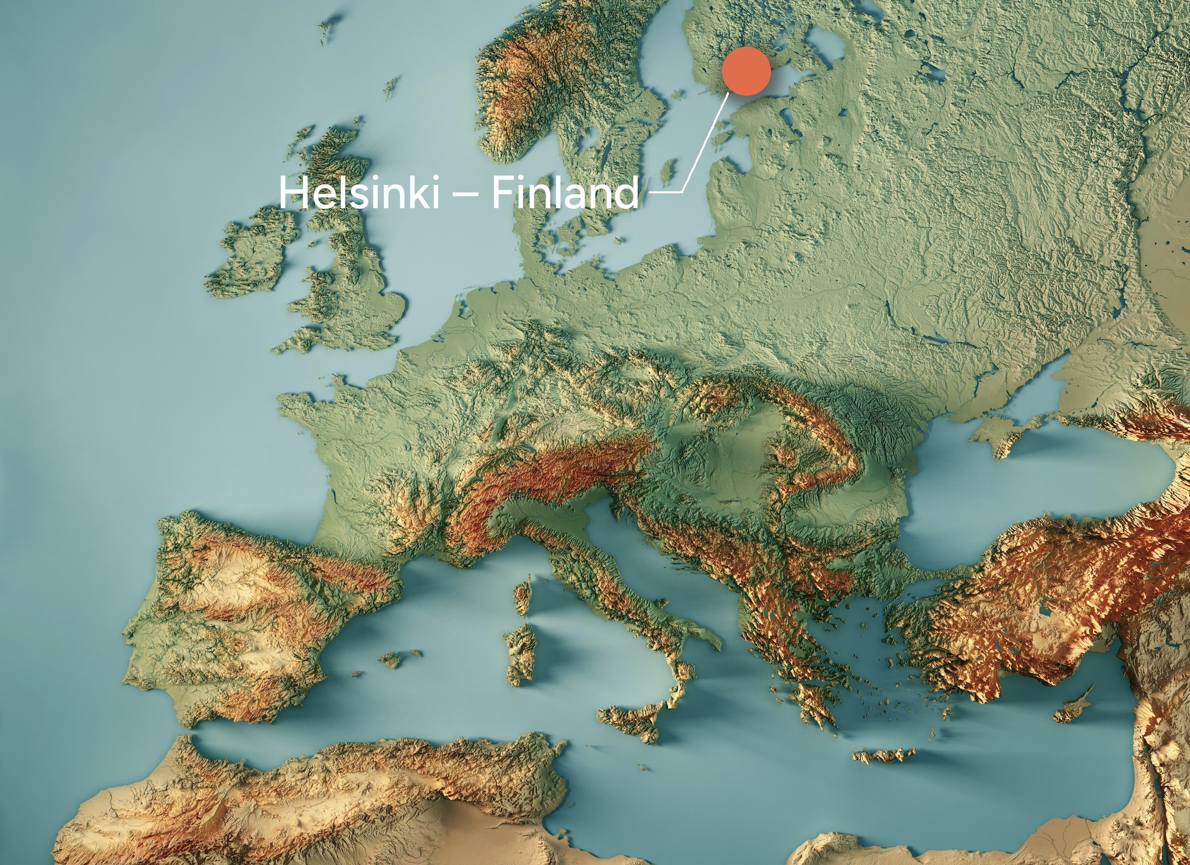 Topography map of Europe highlighting Helsinki, Finland