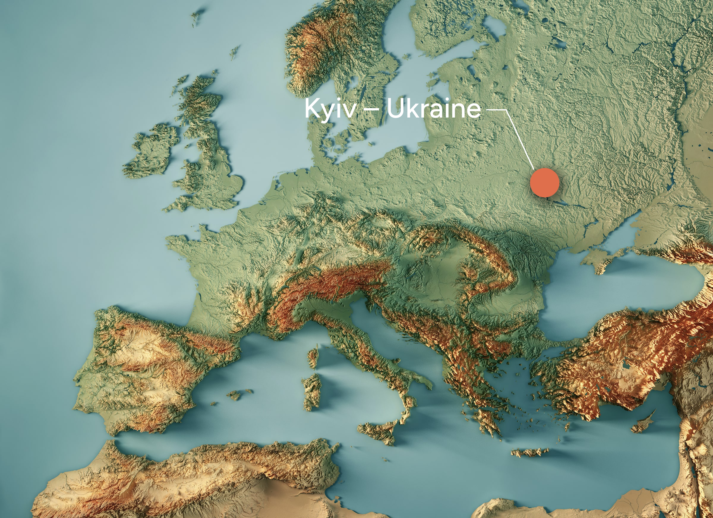 Topography map of Europe highlighting Kyiv, Ukraine