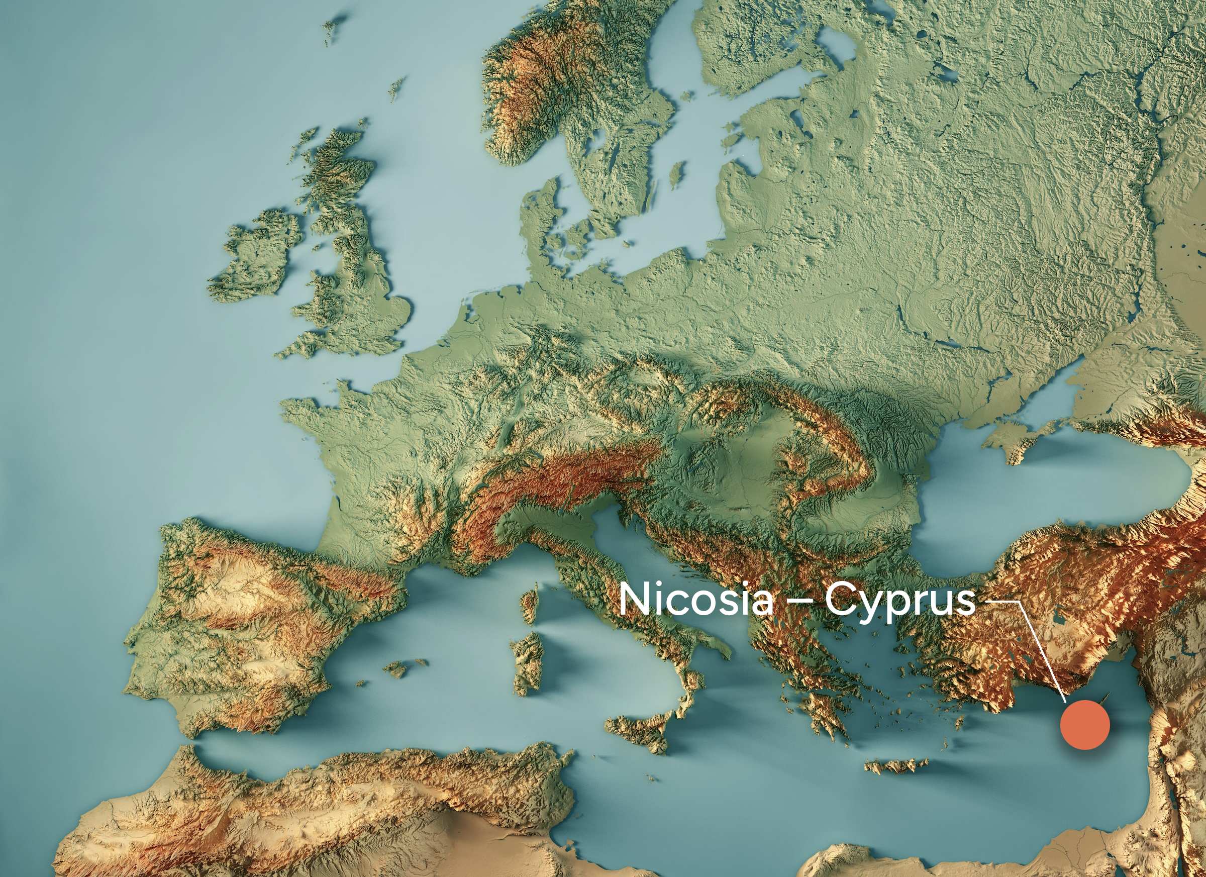 Topography map of Europe highlighting Nicosia, Cyprus