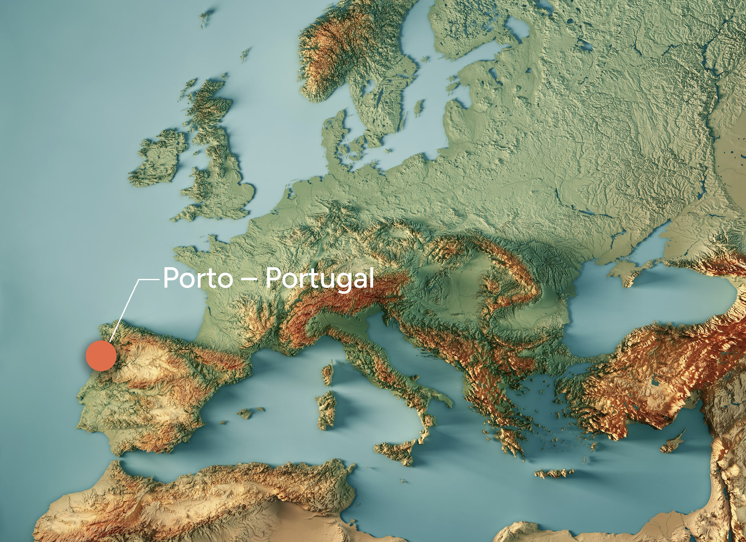 Topography map of Europe highlighting Porto, Portugal