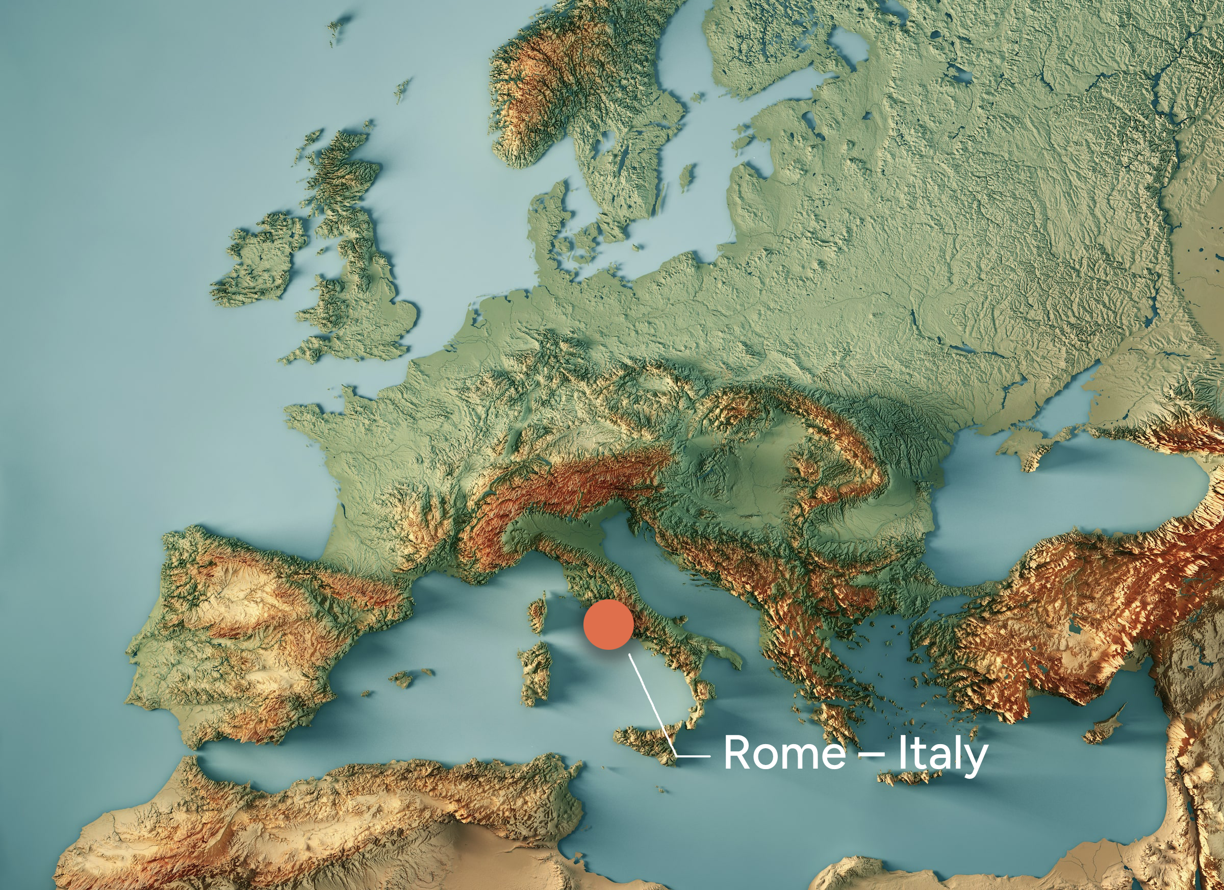 Topography map of Europe highlighting Rome, Italy
