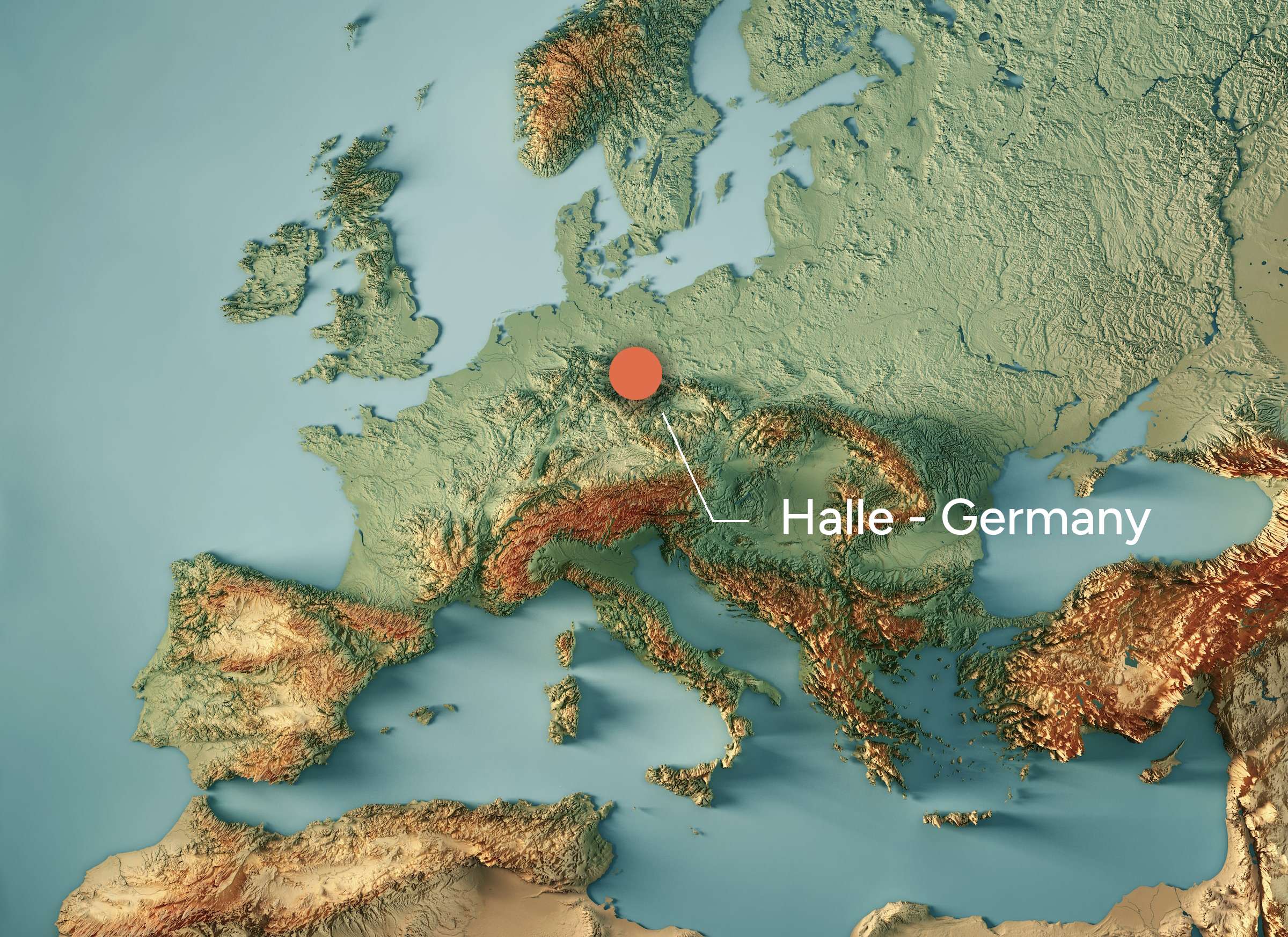Topography map of Europe highlighting Halle, Germany
