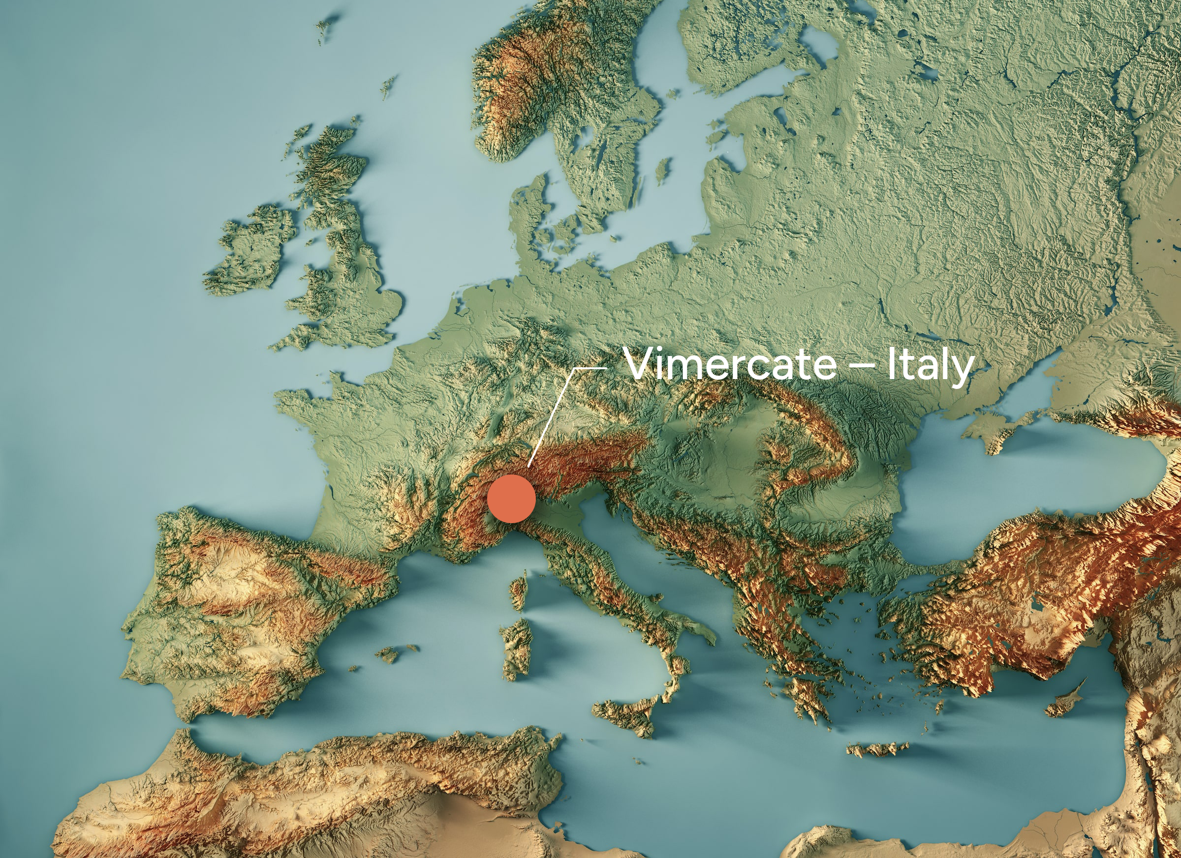 Topography map of Europe highlighting Vimercate, Italy