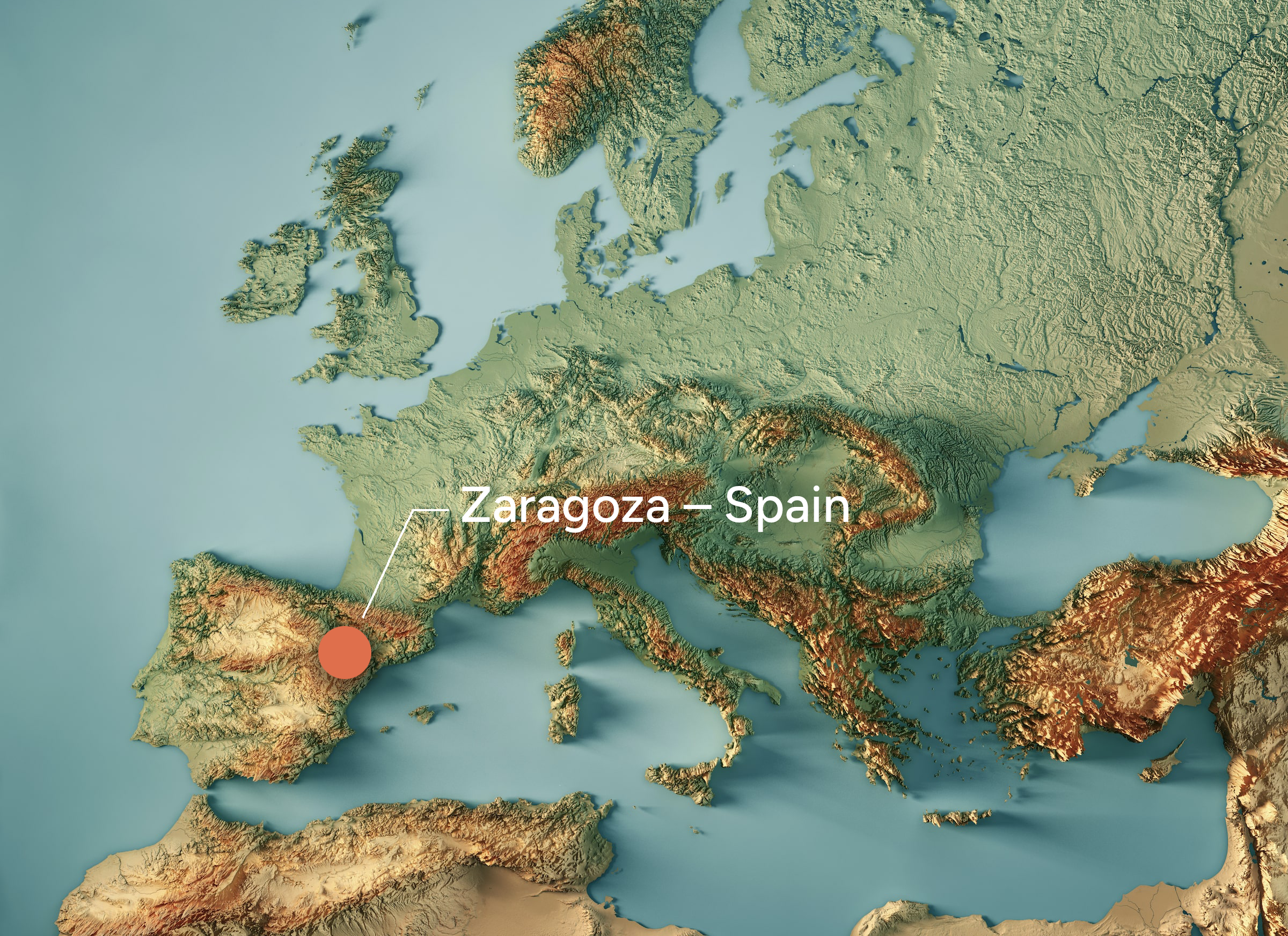 Topography map of Europe highlighting Zaragoza, Spain